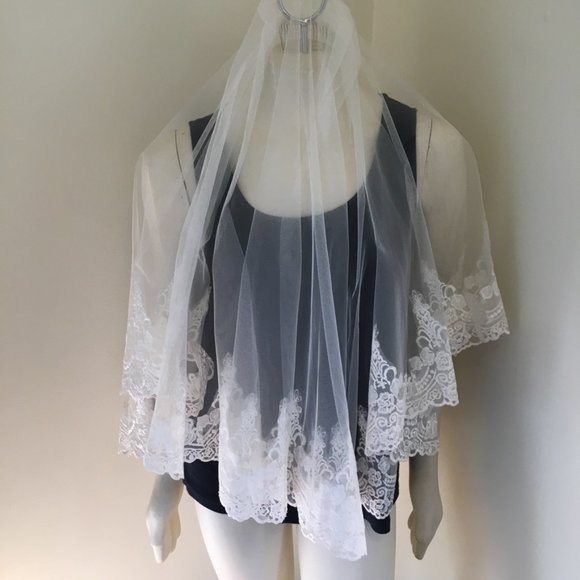 VTG Tulle with Applique Floral Lace 2-tier Wedding Veil White - Picture 13 of 15